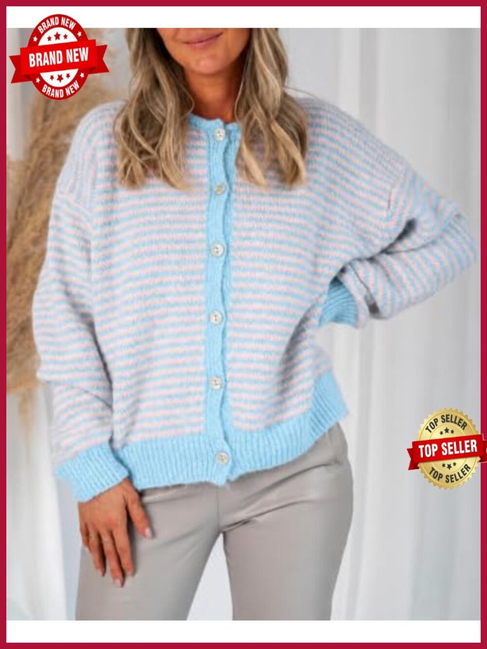Women's Oversized Striped Cardigan Long Sleeve Button Up Knit Sweater - Picture 3 of 6